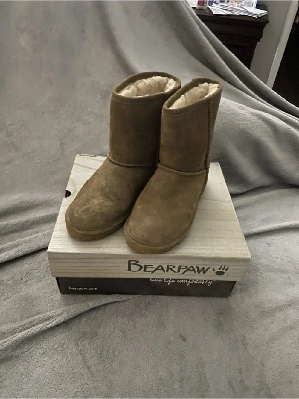BearPaw Chestnut Suede Shearling Lined Short Boots